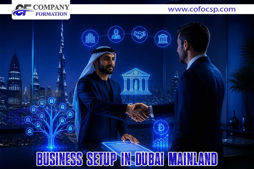 Two businessmen in a modern office shake hands amid blue neon icons and a city skyline, promoting Dubai mainland business setup.
