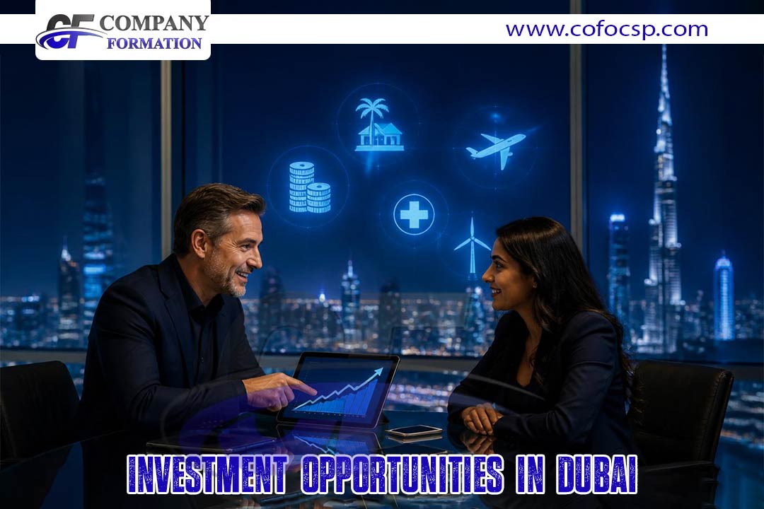 Two professionals discuss investments at a conference table, tablet showing a rising chart with a city skyline in the background.