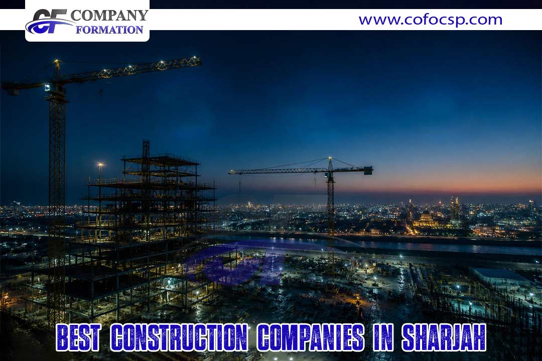 Nighttime construction site with cranes and scaffolding over a lit city, with bold text at the bottom reading 'Best Construction Companies in Sharjah'