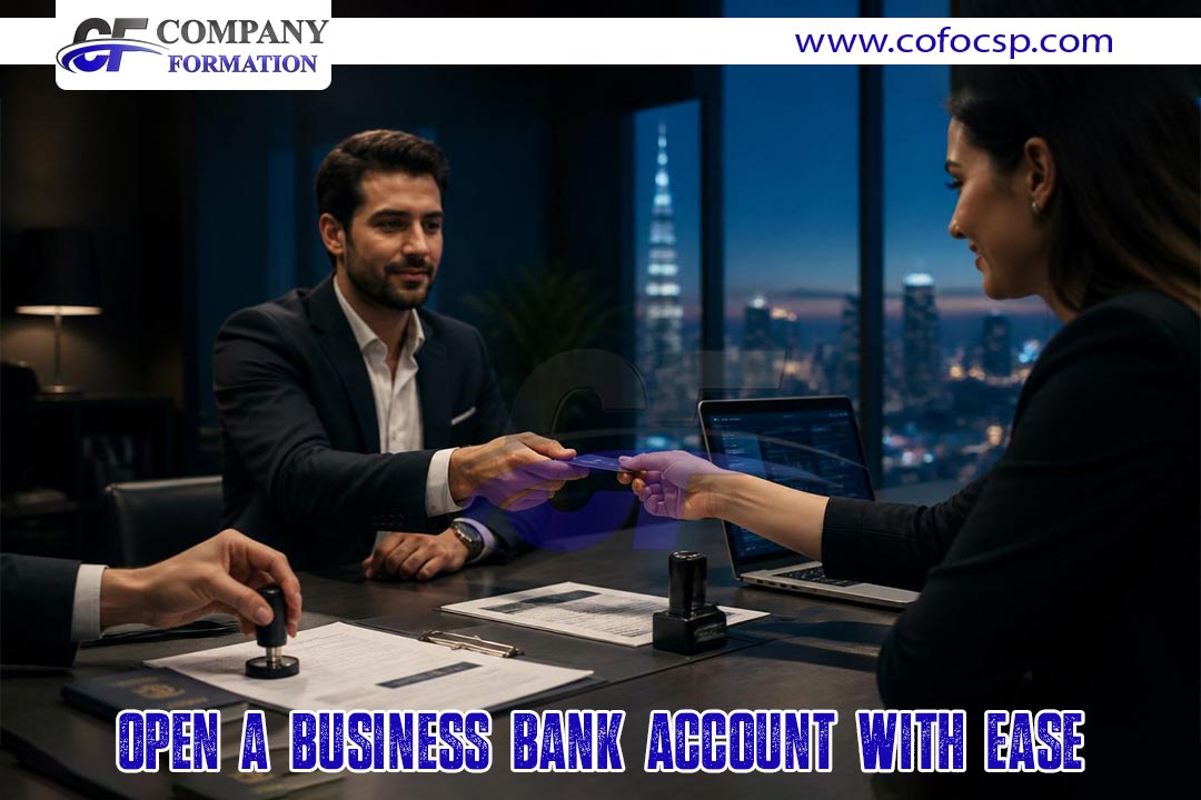 Two professionals swap a card across a dark office desk as a laptop and documents sit nearby; bottom text reads 'OPEN A BUSINESS BANK ACCOUNT WITH EASE'.