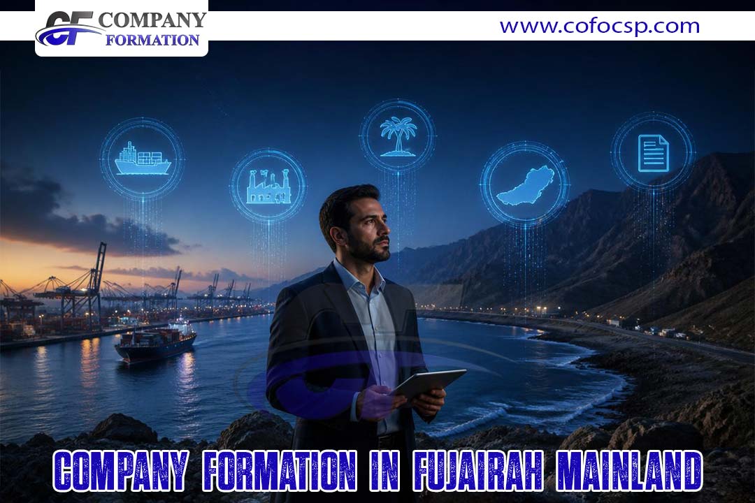 Businessman in a suit holding a tablet at a coastal port at dusk, with glowing holographic icons and the banner text 'Company Formation in Fujairah Mainland'