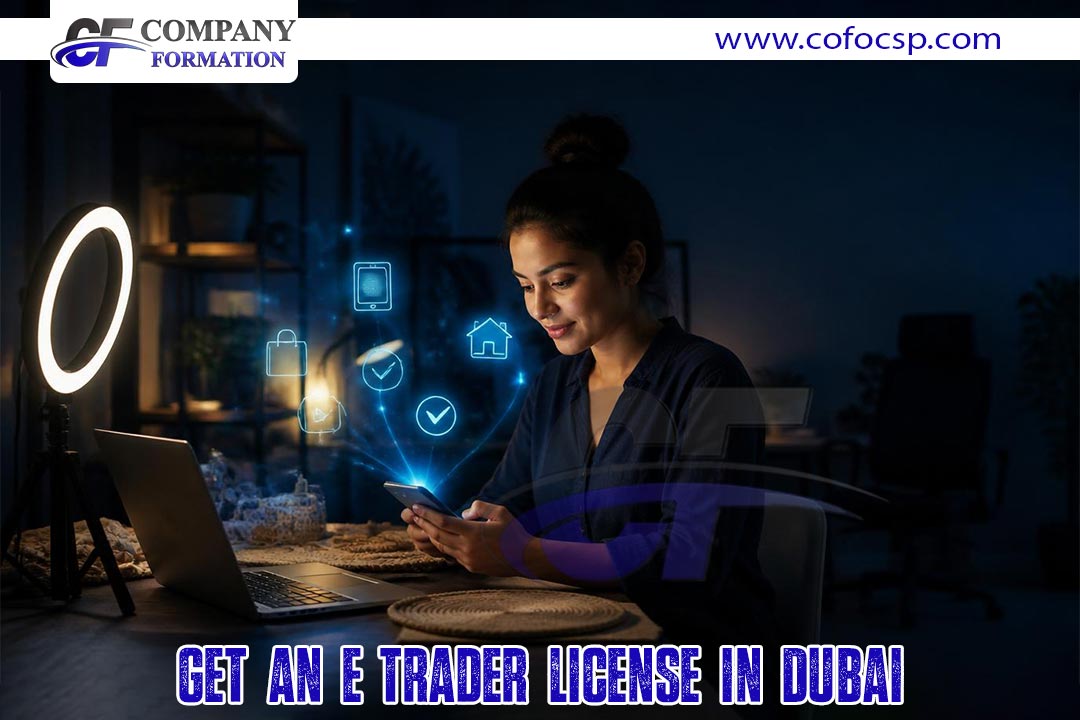 Woman at a desk at night, using a laptop and smartphone with glowing online-service icons, promoting getting an e-trader license in Dubai.