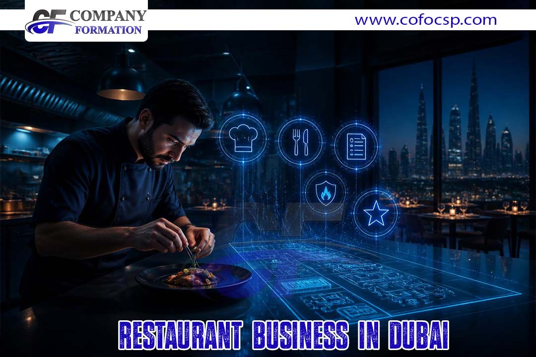Chef plating a dish in a modern kitchen with blue holographic icons and Dubai city skyline in the background, bottom text reads 'RESTAURANT BUSINESS IN DUBAI'
