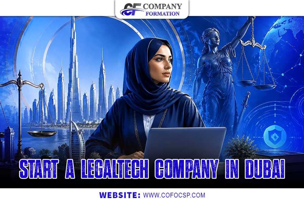 Promotional banner for starting a legaltech company in Dubai: woman with laptop, scales of justice, and Dubai skyline in blue tones.