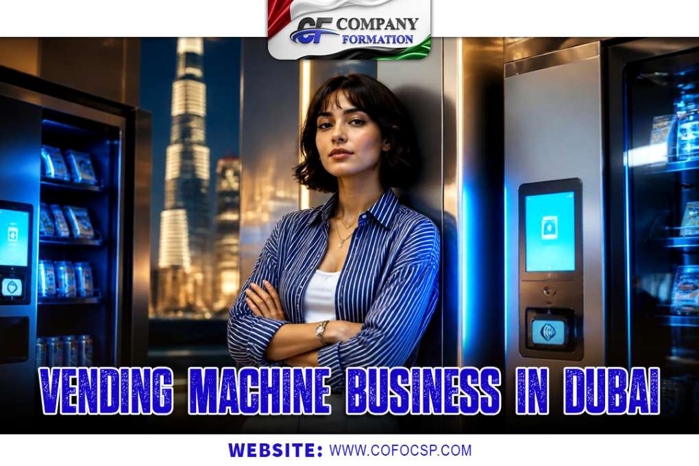 Woman with crossed arms stands between vending machines in a high‑tech setting, with bold blue text: 'VENDING MACHINE BUSINESS IN DUBAI' across the bottom and the website 'WWW.COFOCSP.COM'.