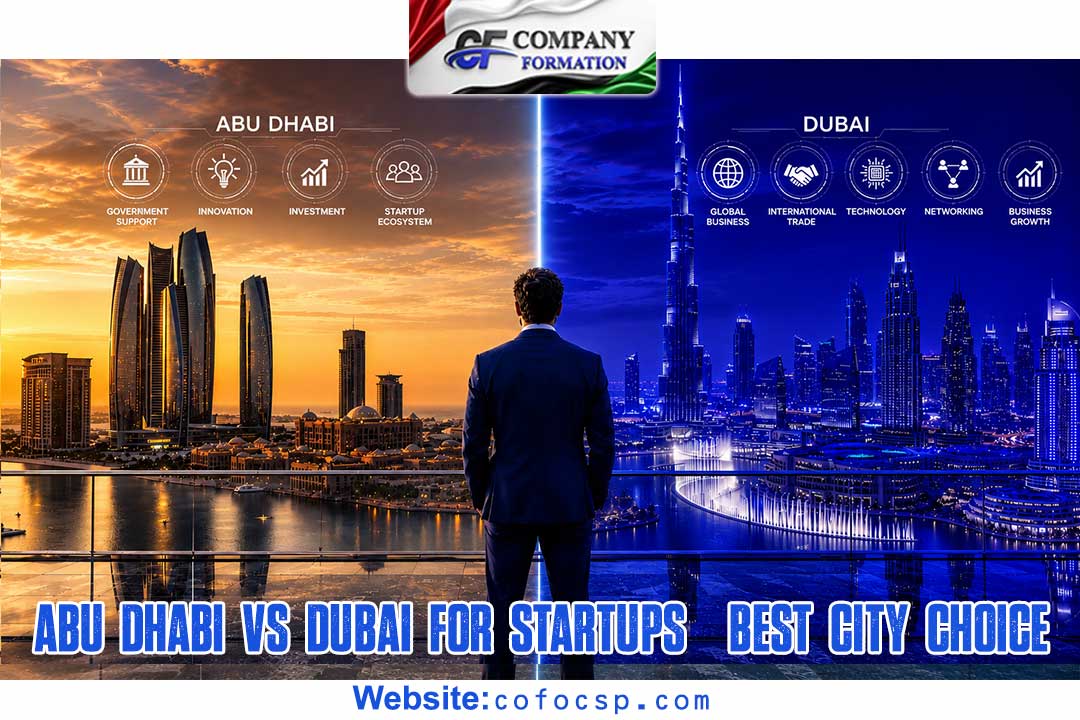 Businessman standing before a split skyline—Abu Dhabi on the left and Dubai on the right—with icons for government support, innovation, investment, and startup ecosystem above the Abu Dhabi side by the horizon.