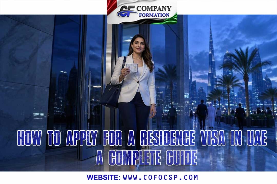 Professional woman holds a visa card outside a glass building; banner reads How to Apply for a Residence Visa in UAE.